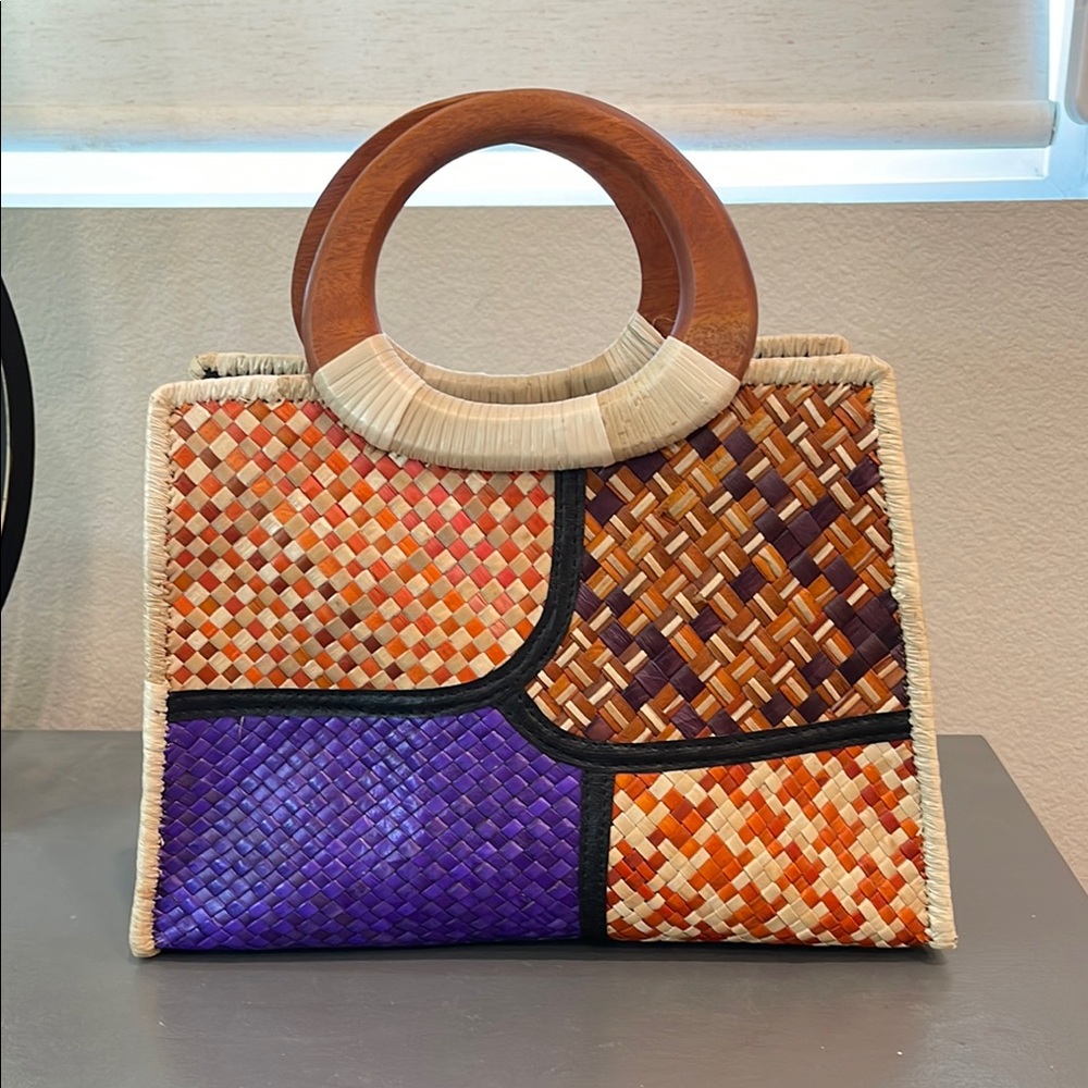 Orange and Purple Patchwork Crossbody Bag with Wooden Handle